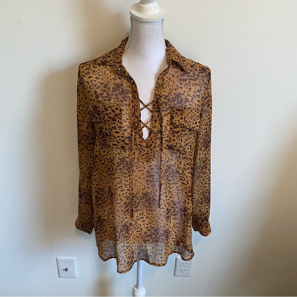 BCBGMaxAzria Sheer Top Long Sleeve  Leopard Print Size XS